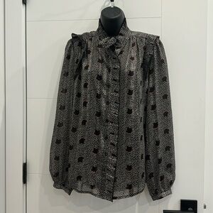 Black red and silver printed frilly Ba&sh see through blouse.